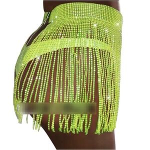 Womens Neon Lime Green Rhinestone Fringe Mini Skirt Festival Clubwear